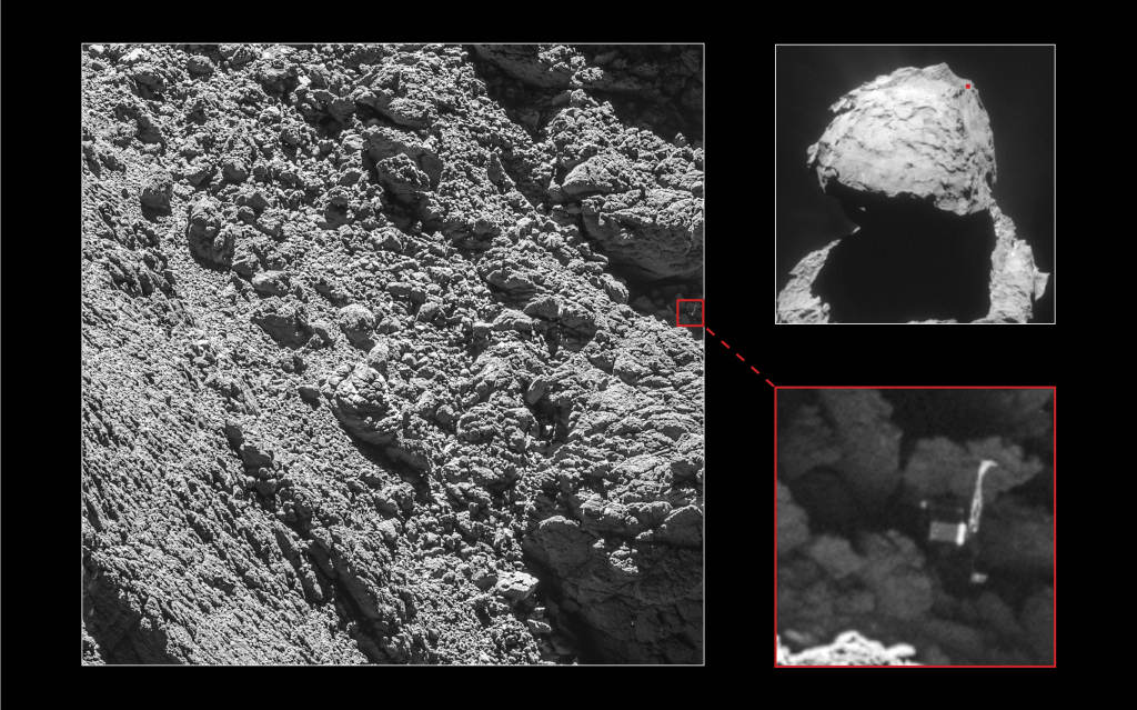 Kolaż przedstawiający pozycję lądownika Philae na powierzchni komety 67P. Źródło: ESA/Rosetta/NavCam